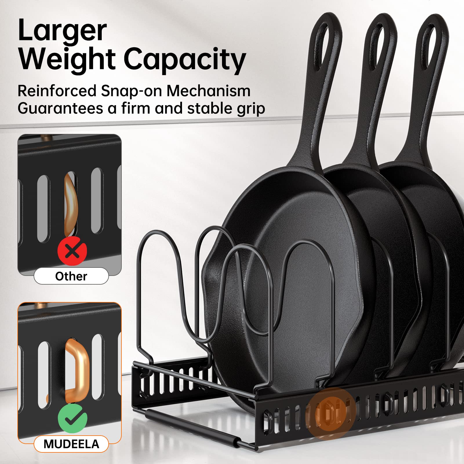 MUDEELA inside cabinet with lids and bakeware displayed for space-saving benefit
