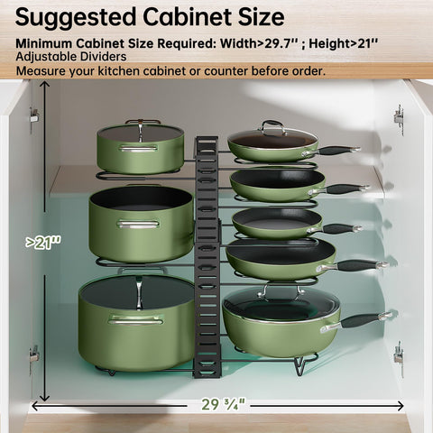 MUDEELA rack holding various pans and lids for quick access