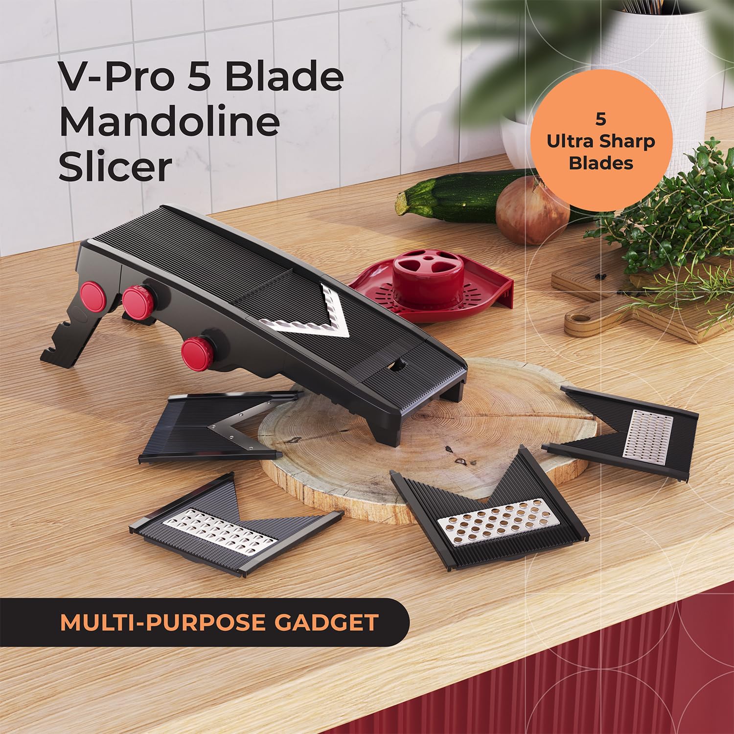 Mueller Austria mandoline five blades laid out for versatile cutting