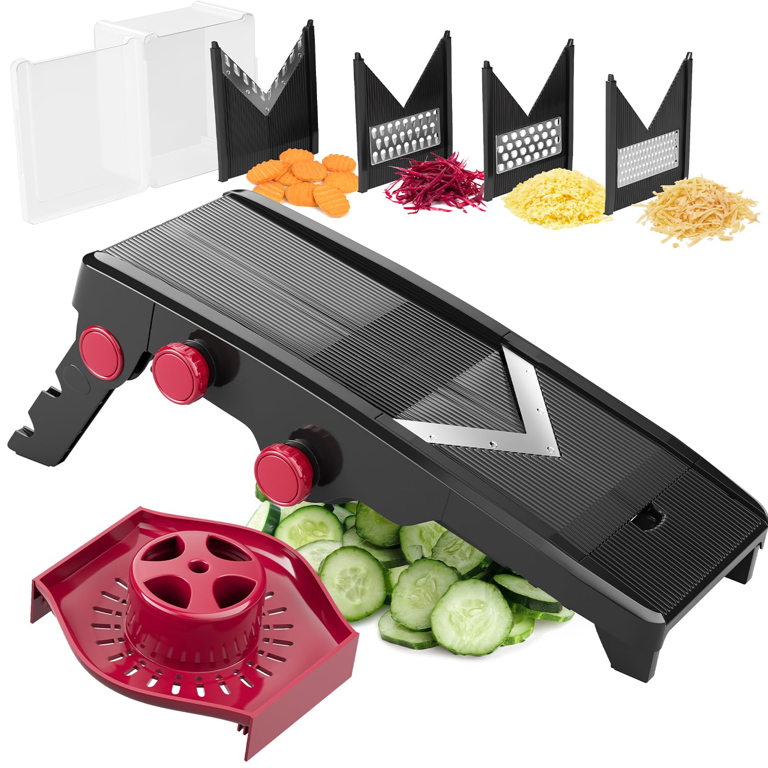 Mueller Austria mandoline front view showing compact design and benefits