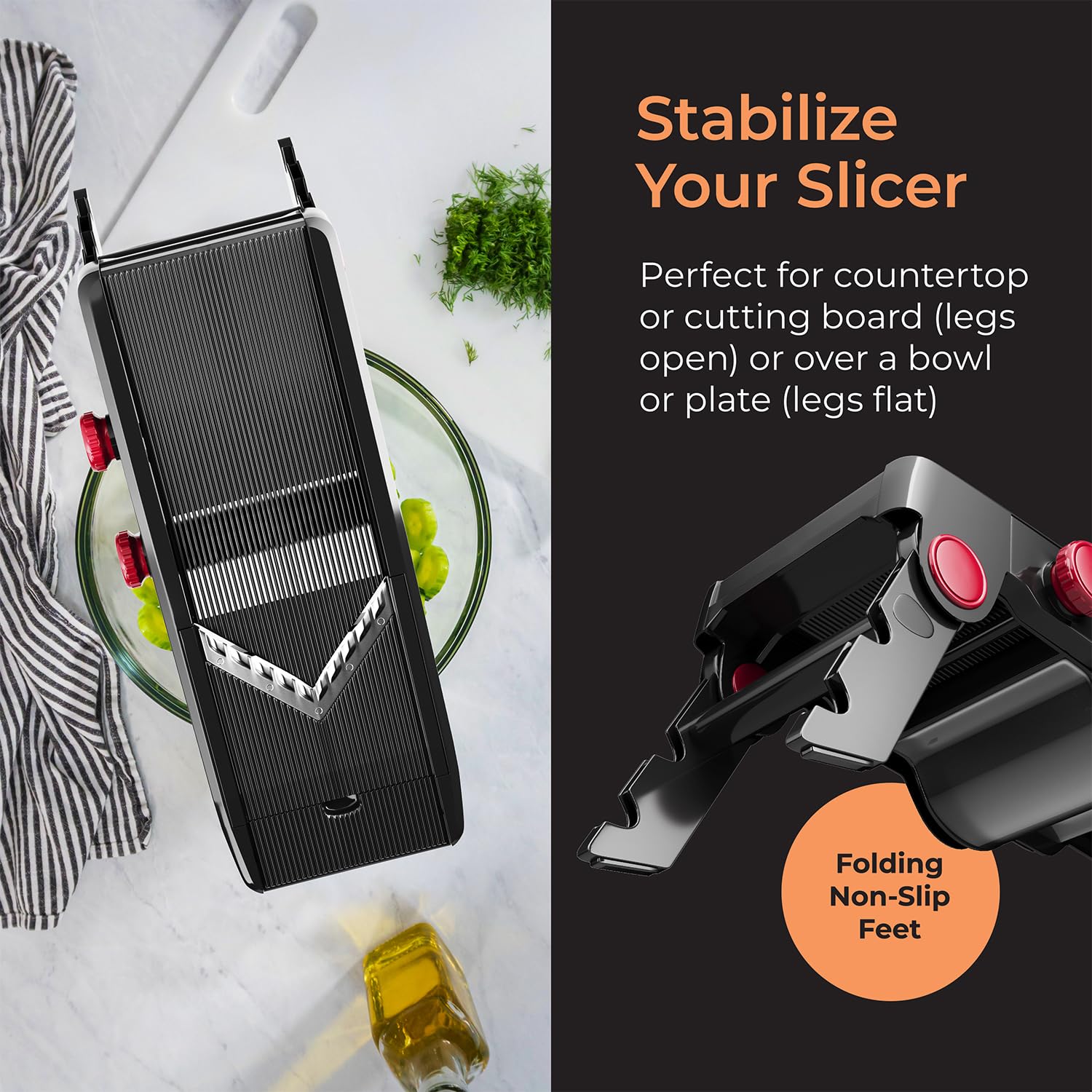 Mueller Austria mandoline positioned over bowl for direct slicing