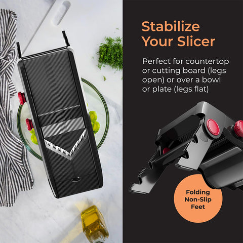 Mueller Austria mandoline positioned over bowl for direct slicing