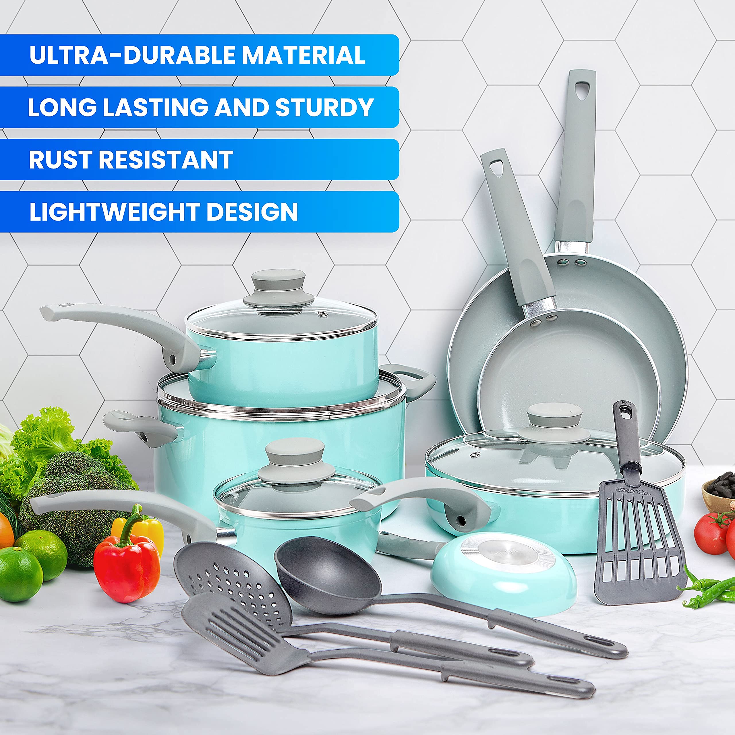 MUELLER HOME ceramic coating close-up showing texture for easier food release and cleaning