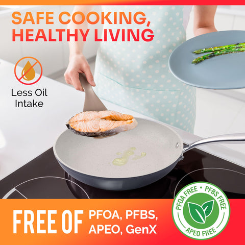 MUELLER HOME frying eggs in pan showing easy food release benefit