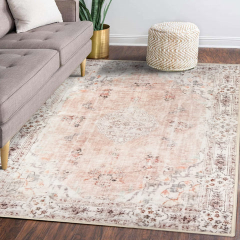 MUJOO front view of pink floral rug showing pattern and color, adds warmth