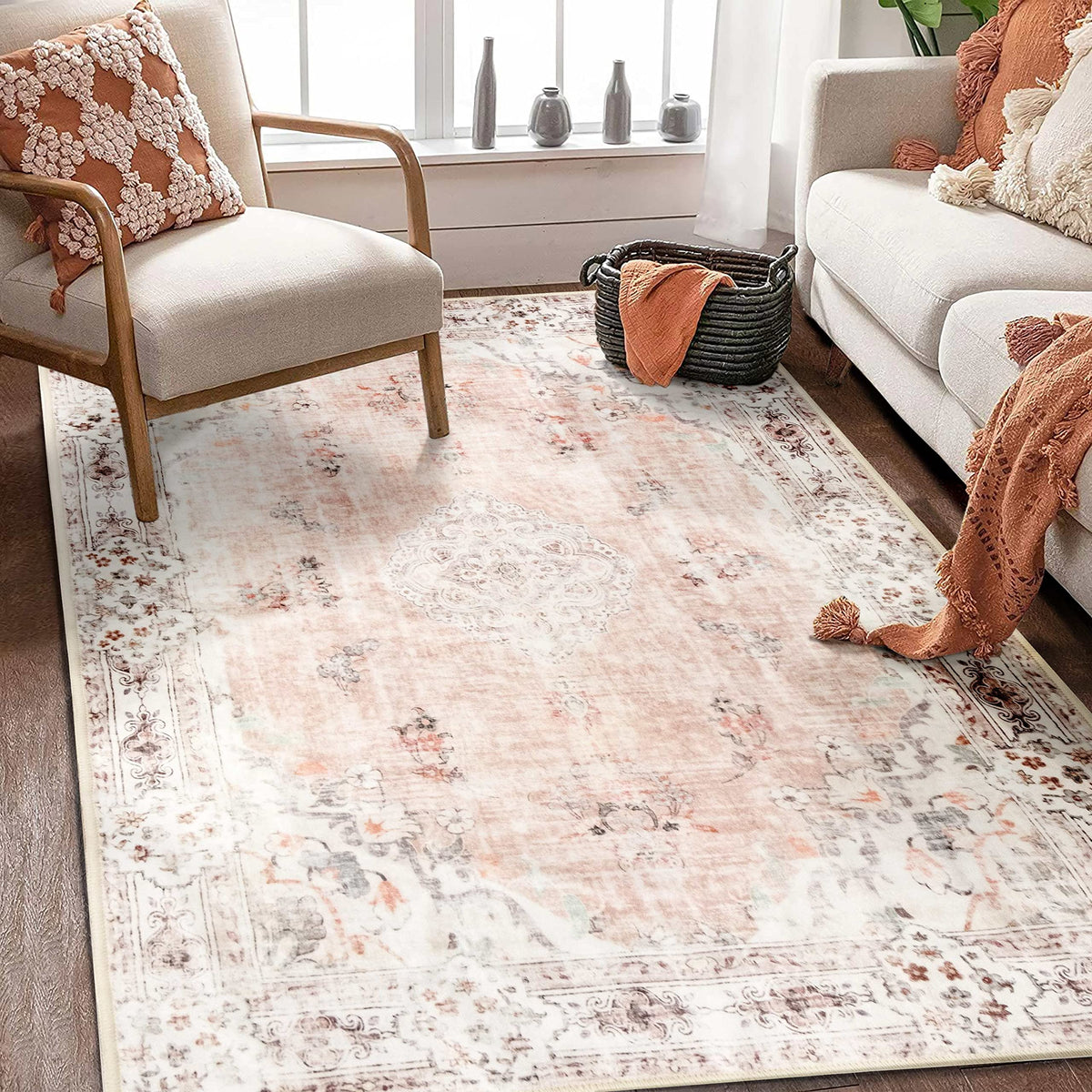 MUJOO front view of pink floral rug showing full pattern and color appeal