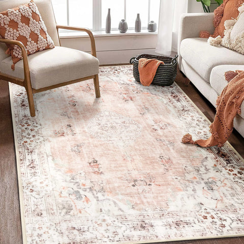 MUJOO front view of pink floral rug showing full pattern and color appeal