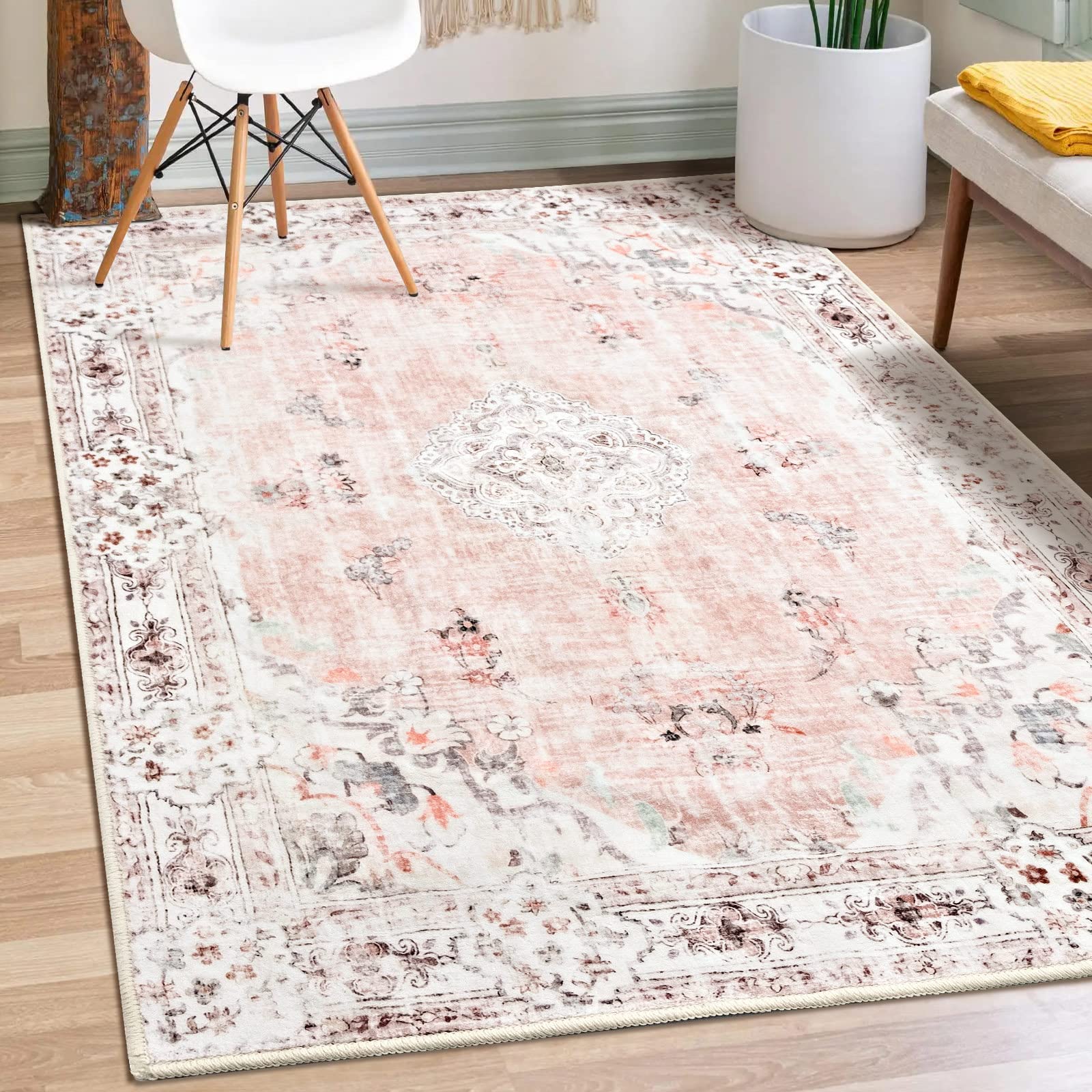 MUJOO front view of pink 3x5 rug shows floral pattern and home-ready style