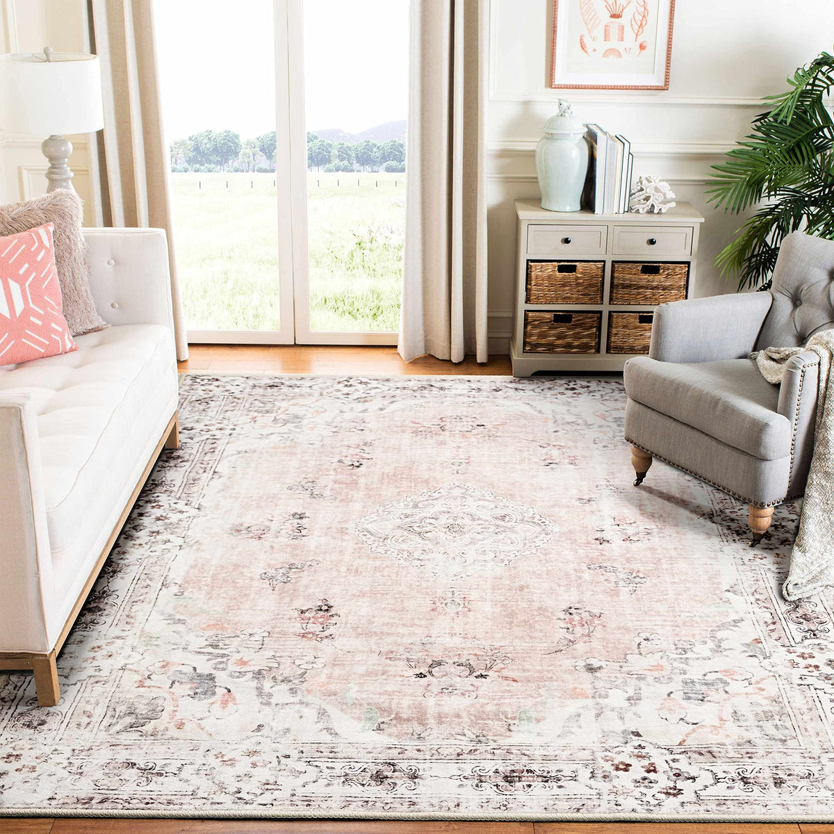 MUJOO pink rug front view showing floral design and welcoming look
