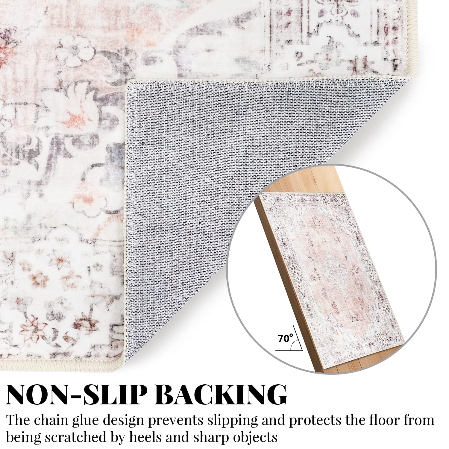 MUJOO rug in living room adds boho floral accent and cozy atmosphere