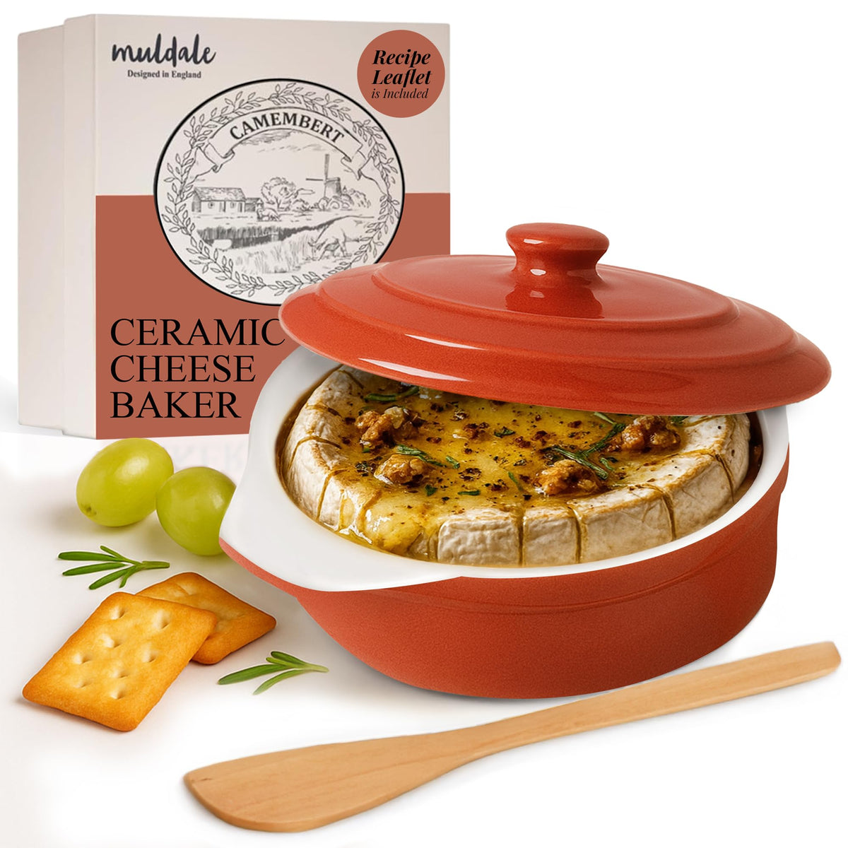 Muldale brie baker front view showing red ceramic and handles, elegant serving
