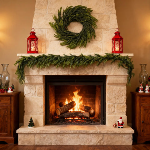 MULSAME front view of two 6ft garlands showing full, ready-to-decorate greenery