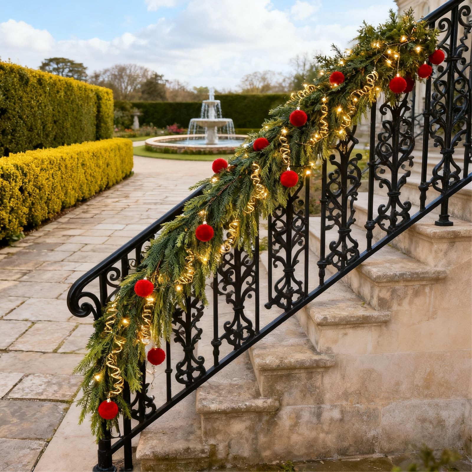 MULSAME garland wrapped on staircase railing providing easy seasonal decor