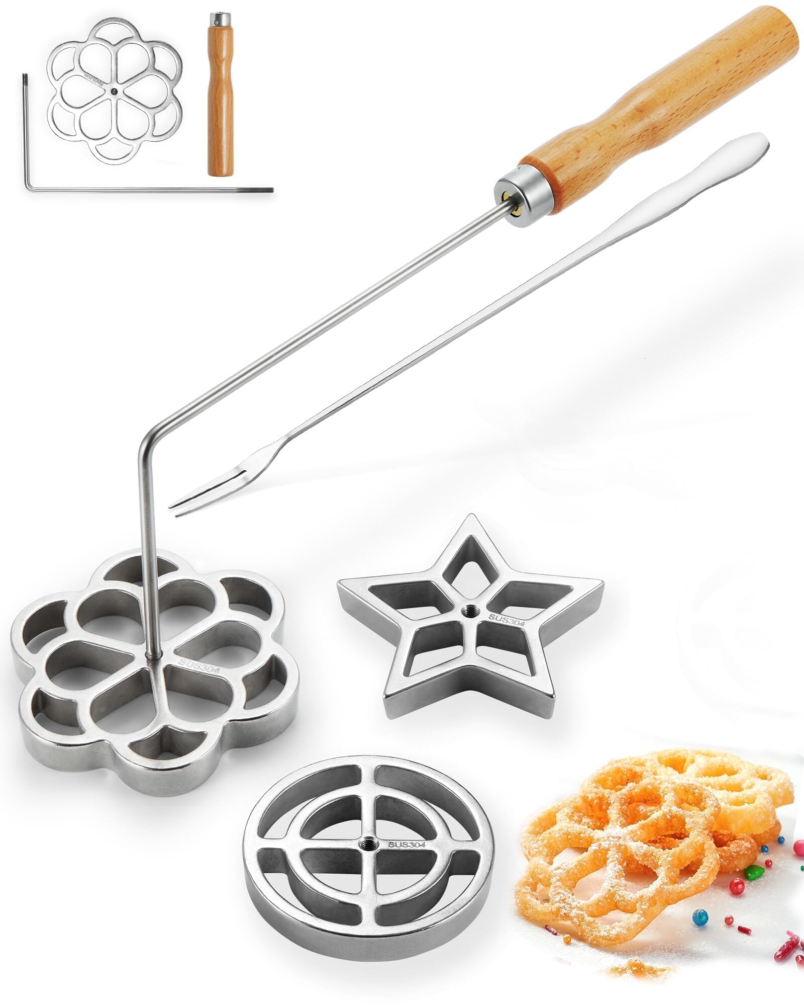 MUMSUNG front view of bunuelos mold set showing three shapes and handle for safe frying