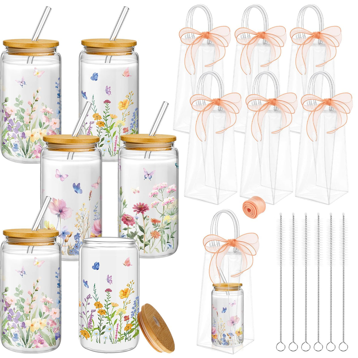 Mumufy front view of six wildflower glass cups showing floral variety and charm