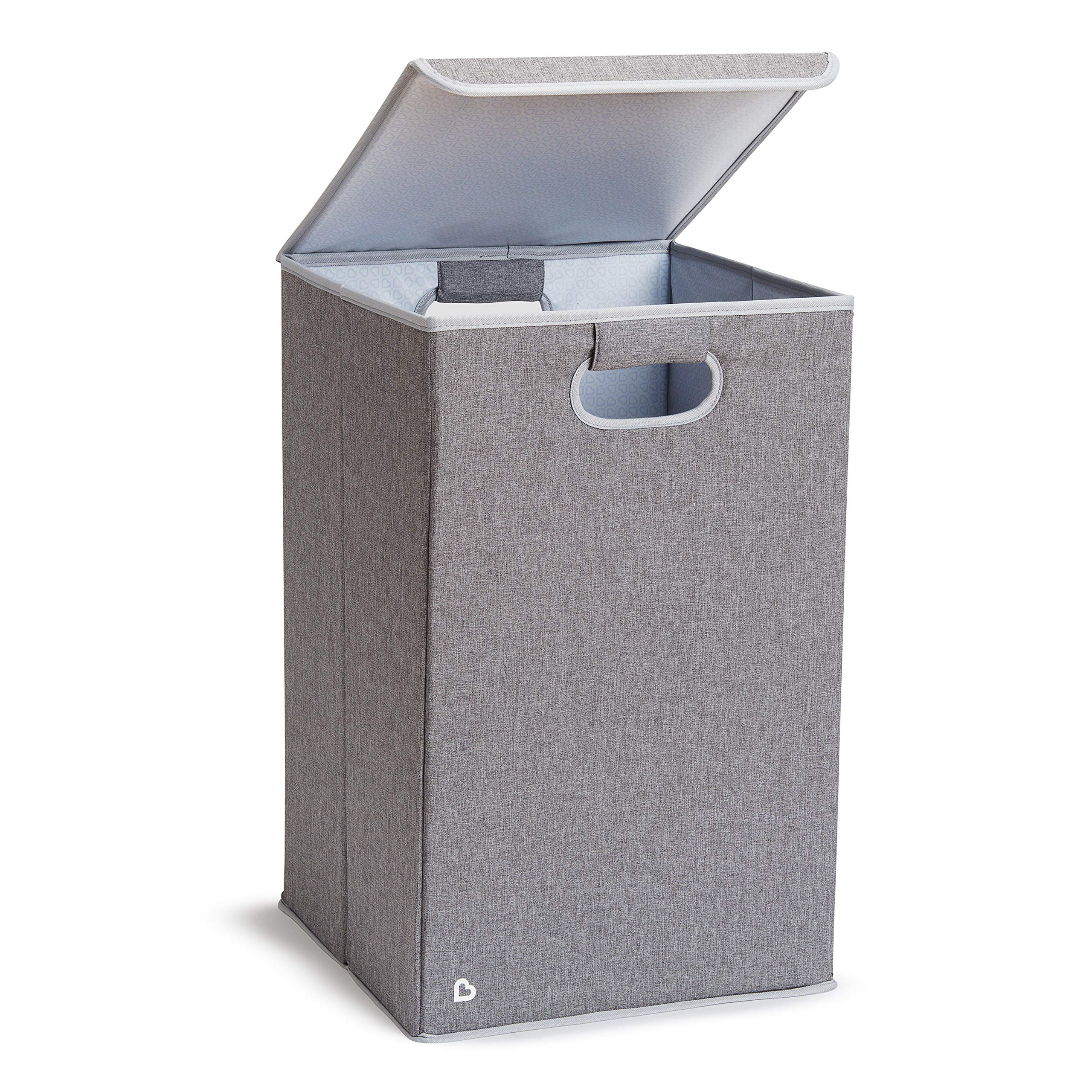 Munchkin front view grey hamper showing neat nursery storage benefit
