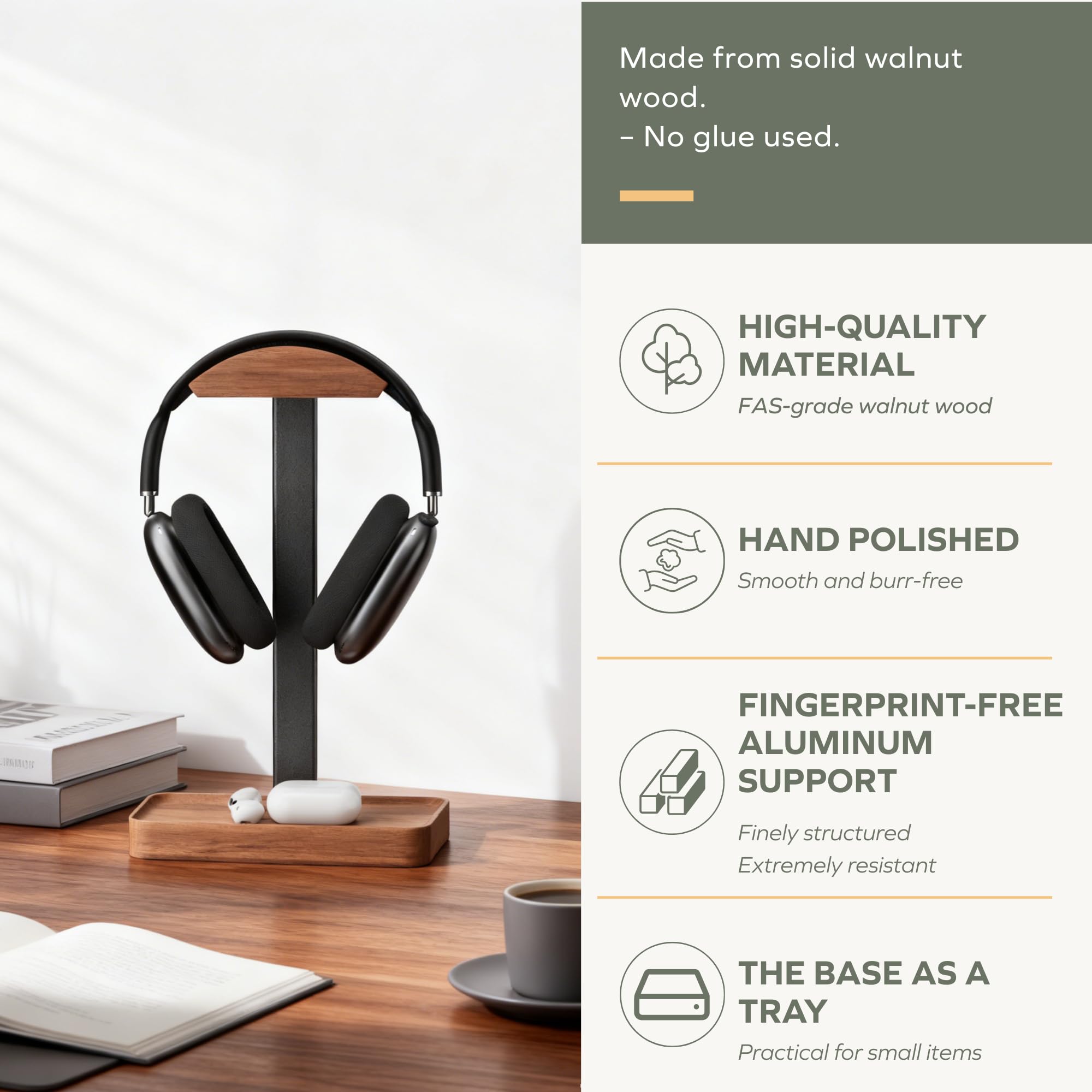 muso wood side profile with headphones demonstrating stable support and anti-tip benefit