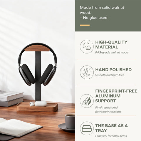 muso wood side profile with headphones demonstrating stable support and anti-tip benefit