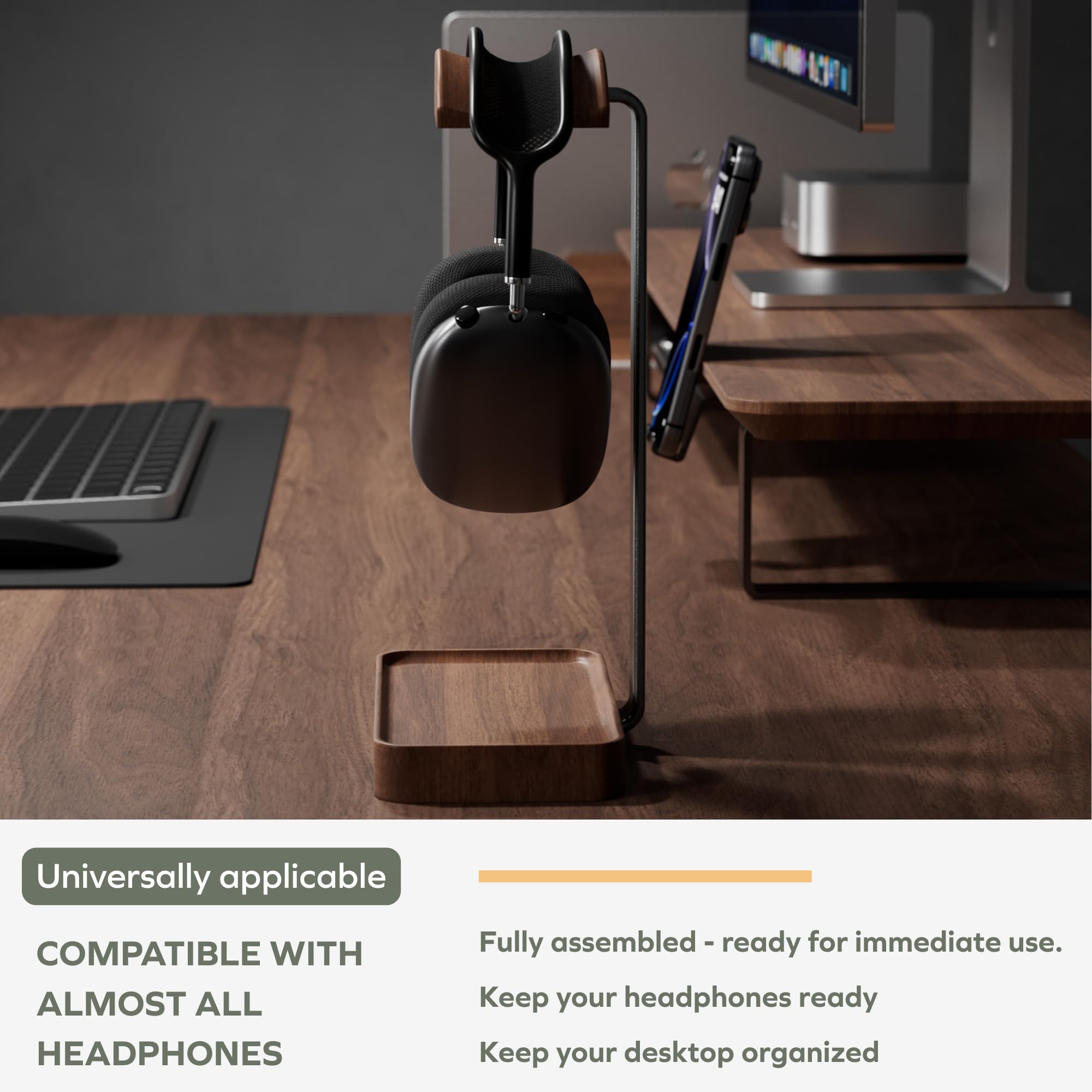 muso wood top view of storage base holding earbuds and cables for tidy desk benefit