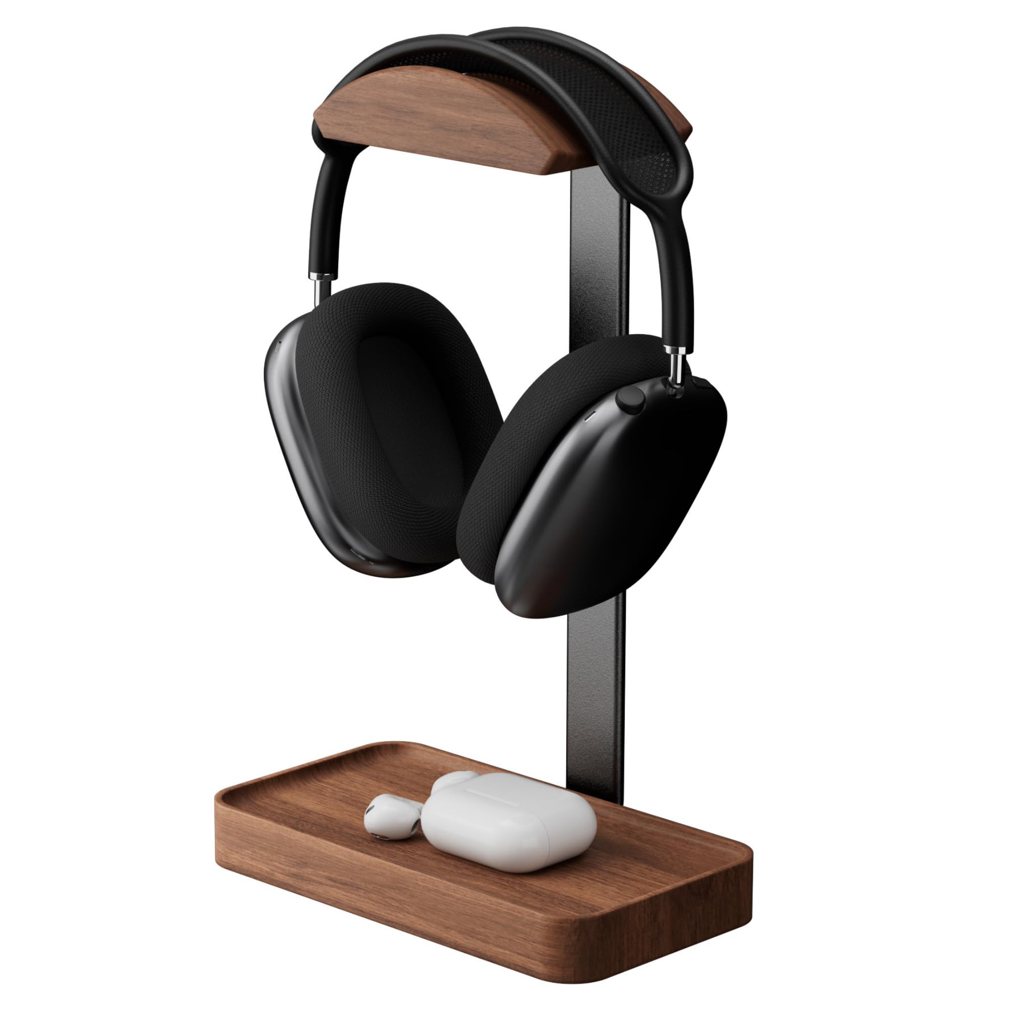 muso wood front view of walnut stand showing elegant silhouette and desk organization benefit