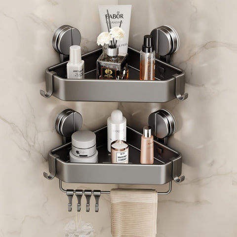 Mustorn front view of corner caddy showing modern storage benefit