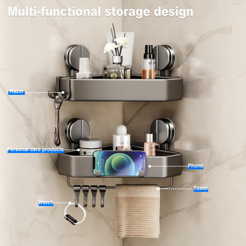 Mustorn installed in shower showing organized bottles and tidy space