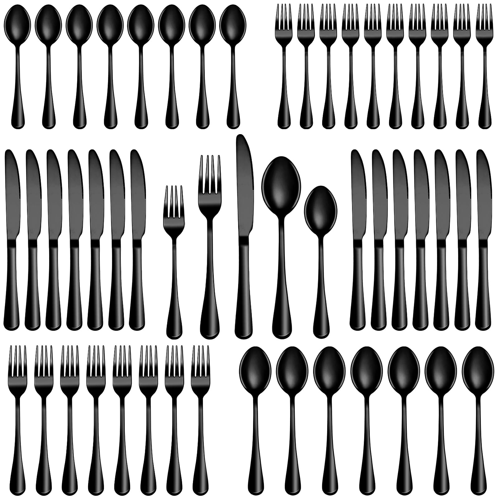 MUTNITT front view of full 40-piece black flatware set showcasing complete service