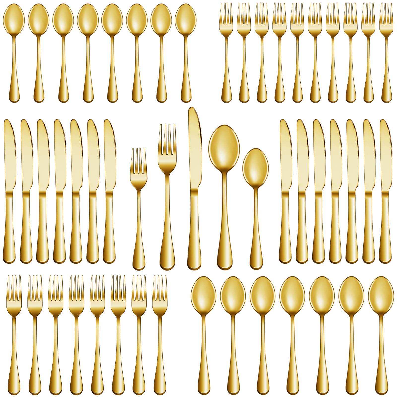 MUTNITT front view of gold flatware set showing full service, elegant presentation