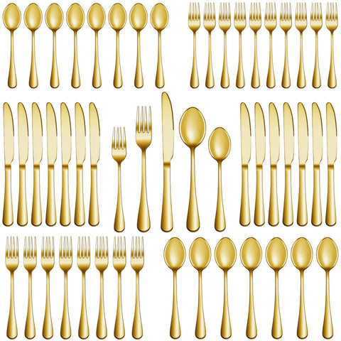 MUTNITT front view of gold flatware set showing full service, elegant presentation