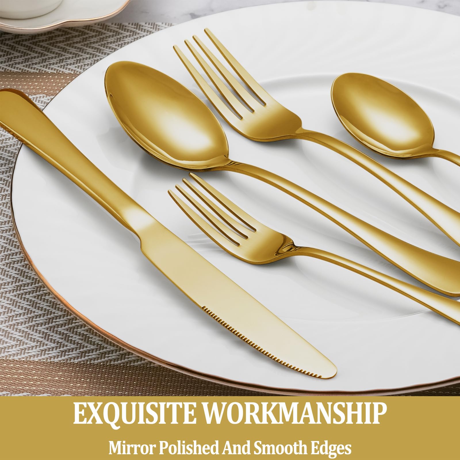 MUTNITT plated table setting demonstrating gold flatware enhancing dinner decor