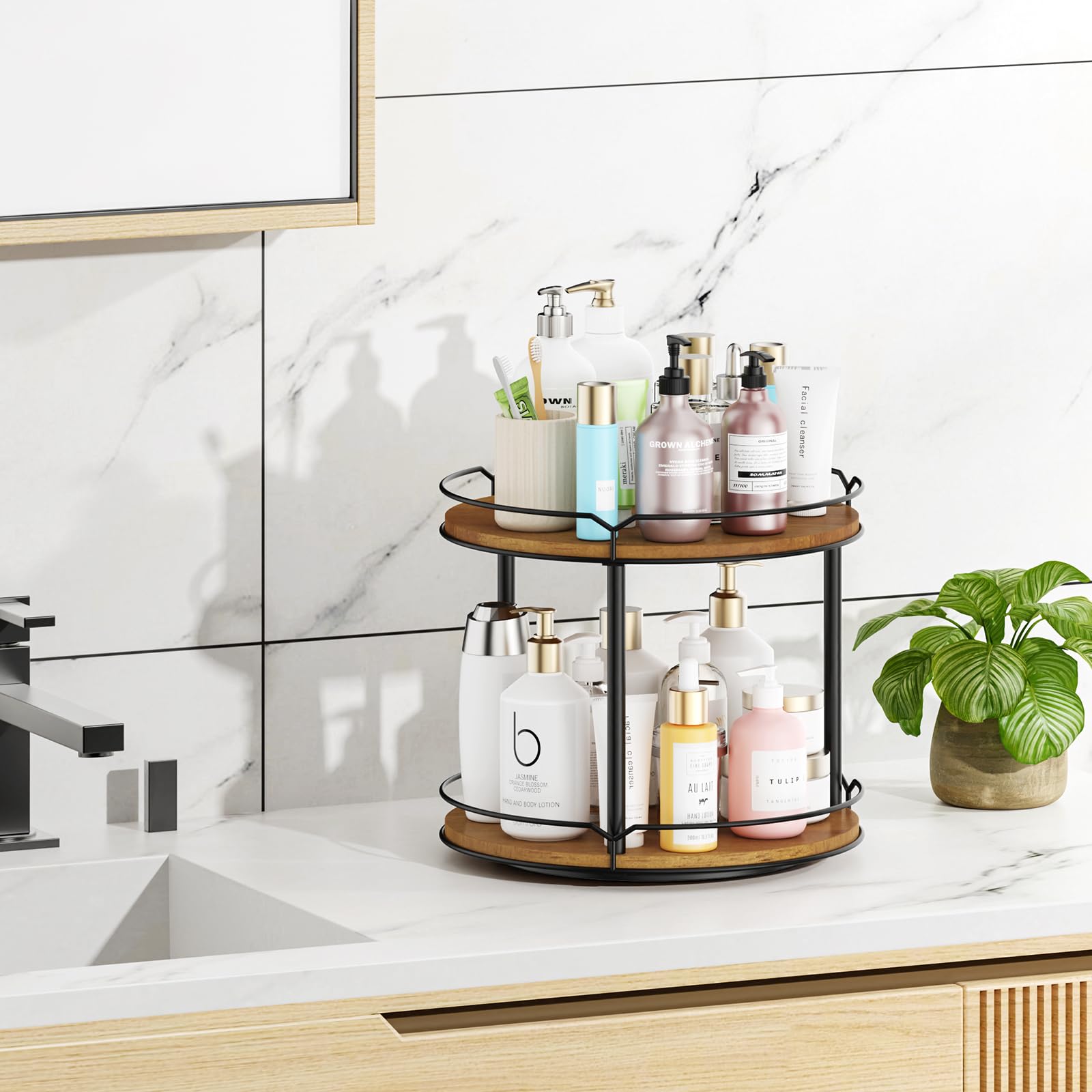 MUTUALUS on bathroom vanity holding toiletries for tidy grooming