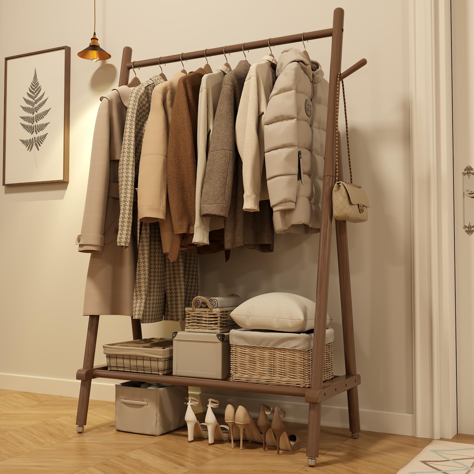 Muwuele front view of walnut clothing rack showing full storage capacity