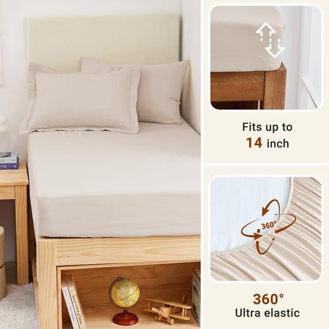 MUXHOMO lifestyle shot of made Twin XL bed demonstrating cozy, neutral bedroom look