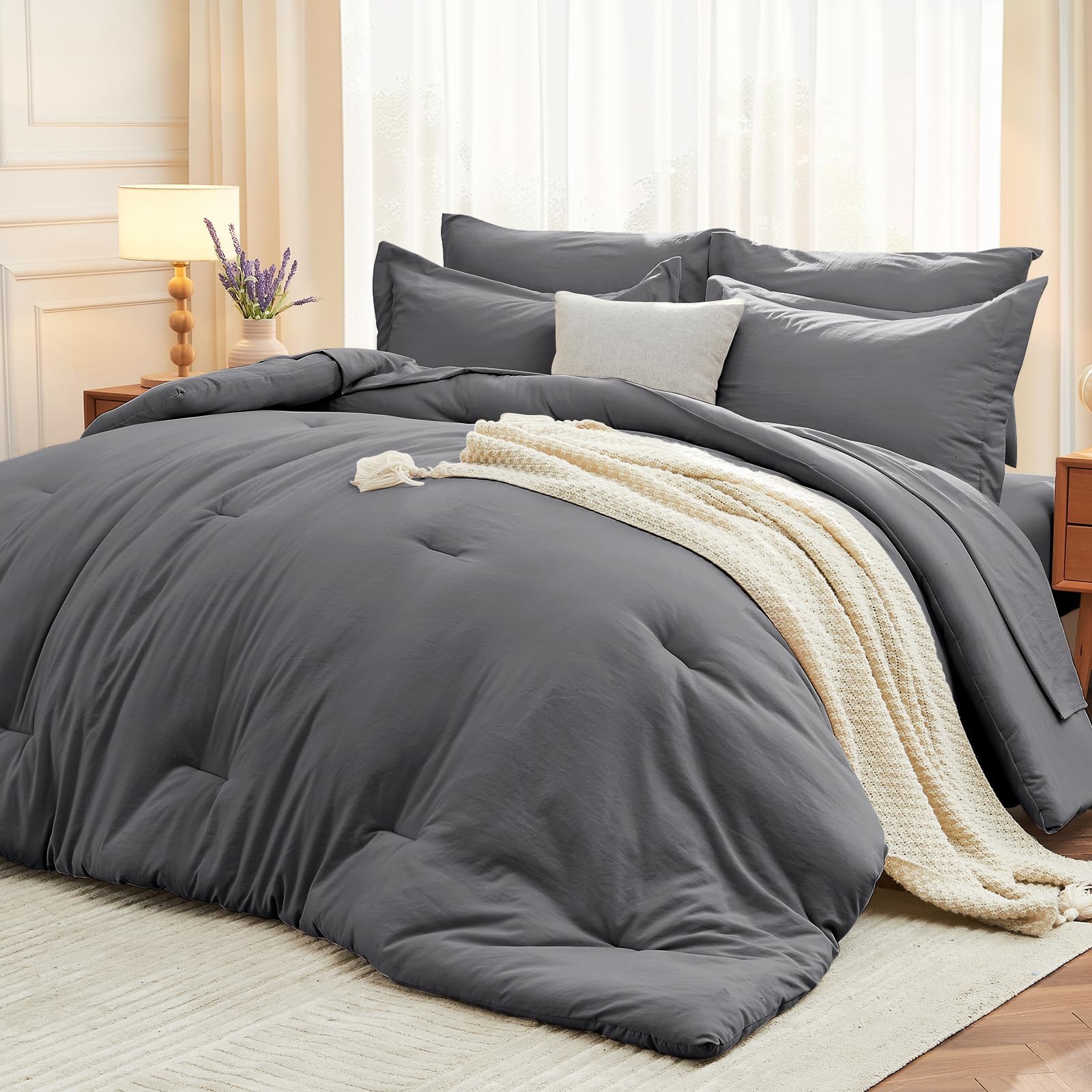 MUXHOMO comforter front view showing dark grey color and neat edges for restful decor