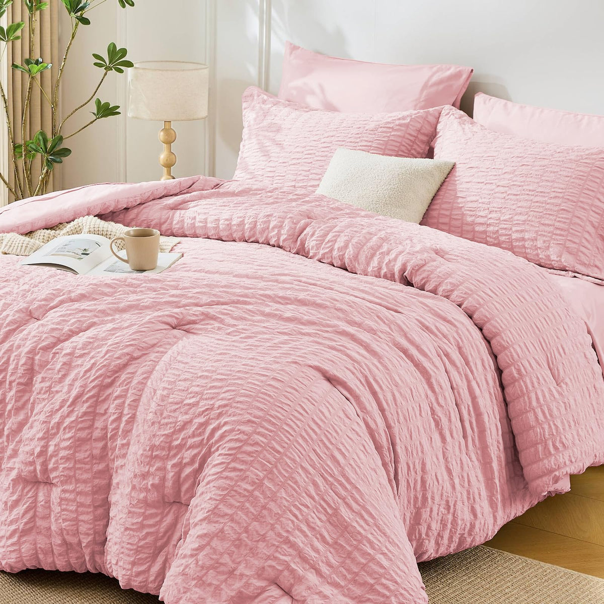 MUXHOMO front view of pink queen comforter set showing coordinated pieces and polished look