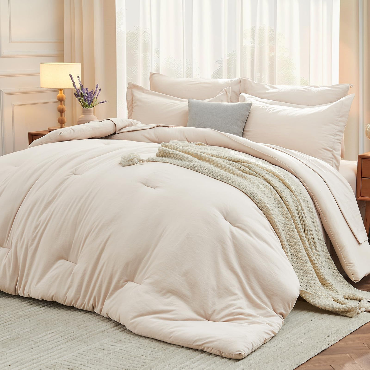 MUXHOMO front view of beige comforter set showcasing coordinated pieces and easy styling