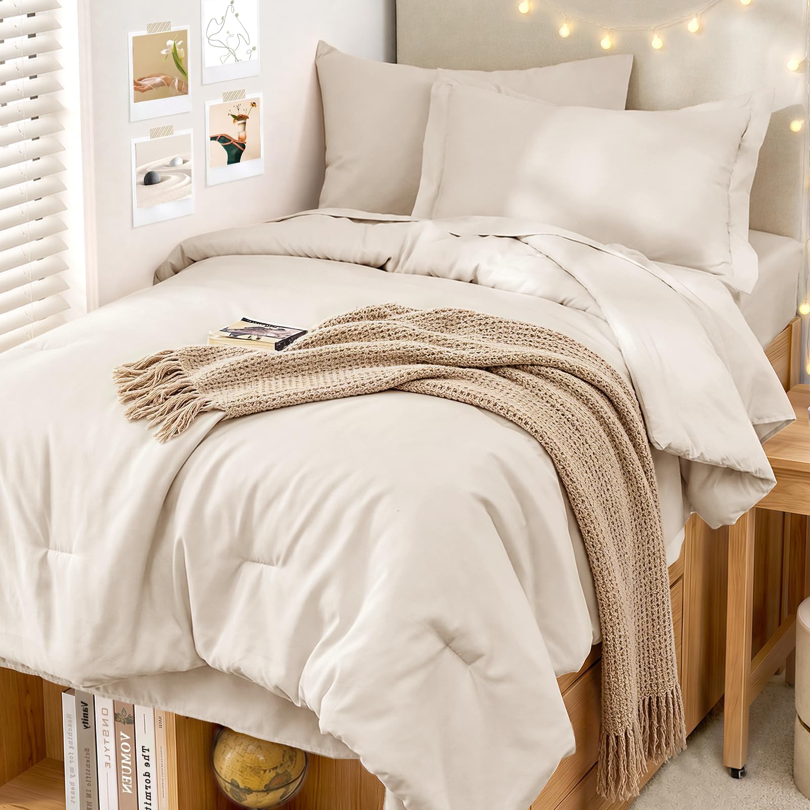 MUXHOMO front view of beige comforter set showing coordinated pieces and neat styling
