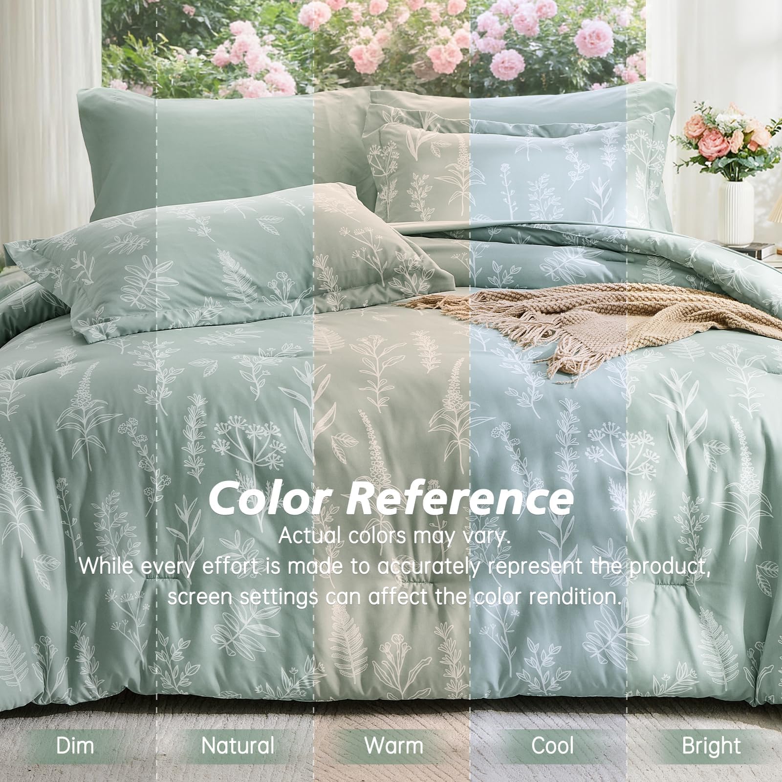 MUXHOMO comforter flipped to reveal reversible sage green botanical design versatility