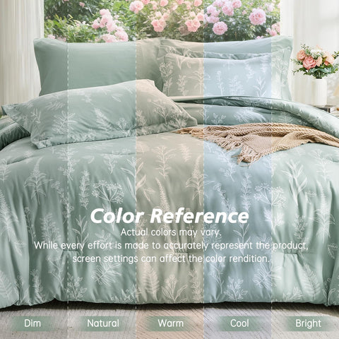 MUXHOMO comforter flipped to reveal reversible sage green botanical design versatility