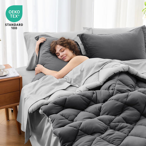 MUXHOMO light grey comforter side styled for airy decor benefit