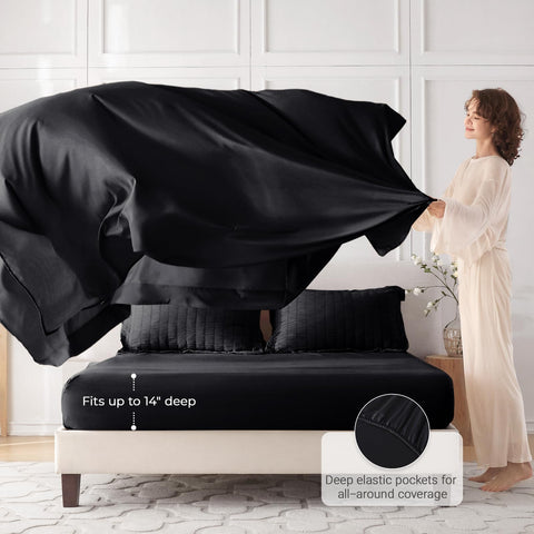 MUXHOMO fitted sheet corner showing 14-inch deep pocket for secure fit