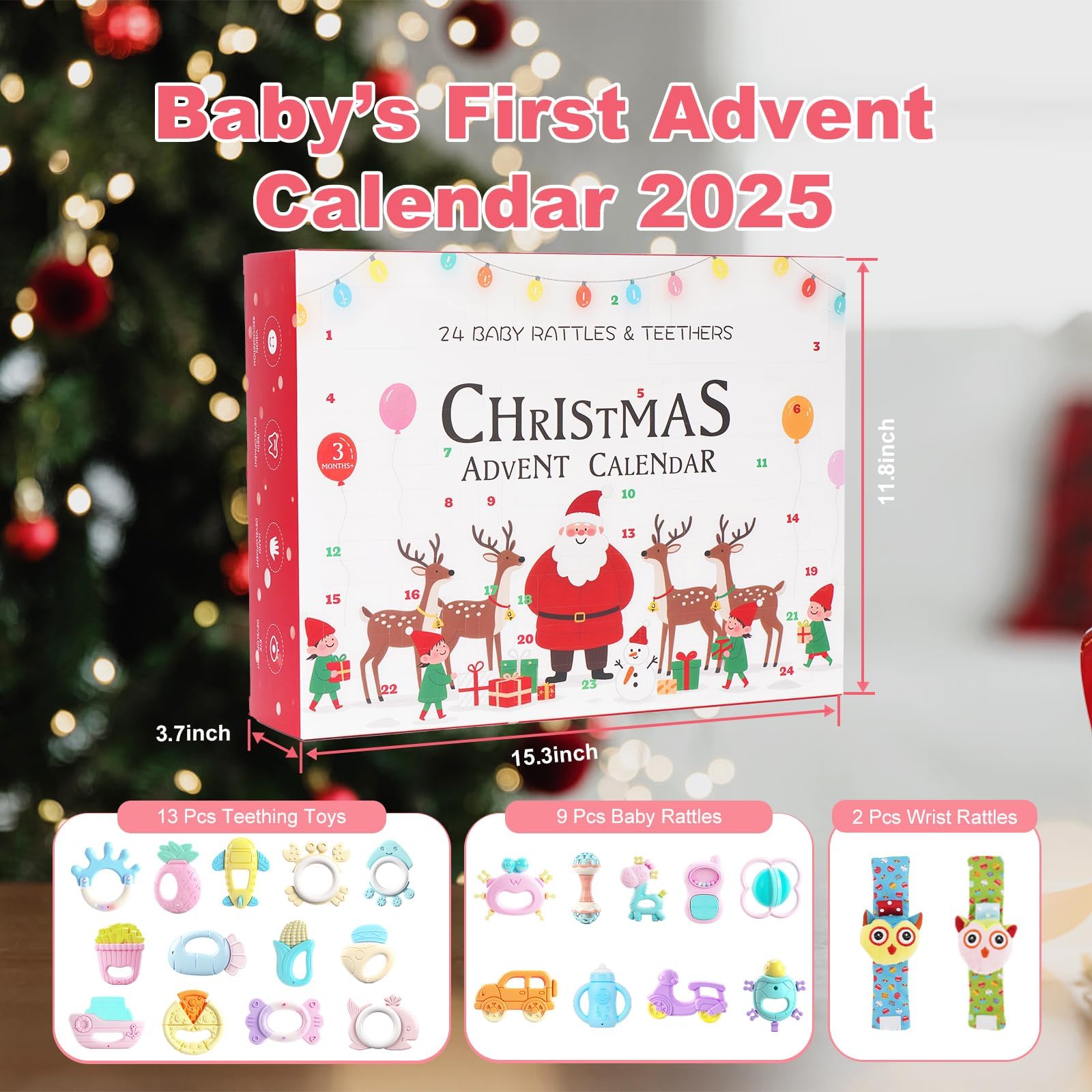 Muzlineuro open calendar revealing assorted rattles and teethers, ready for daily surprises