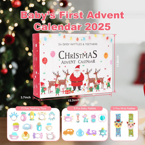 Muzlineuro open calendar revealing assorted rattles and teethers, ready for daily surprises
