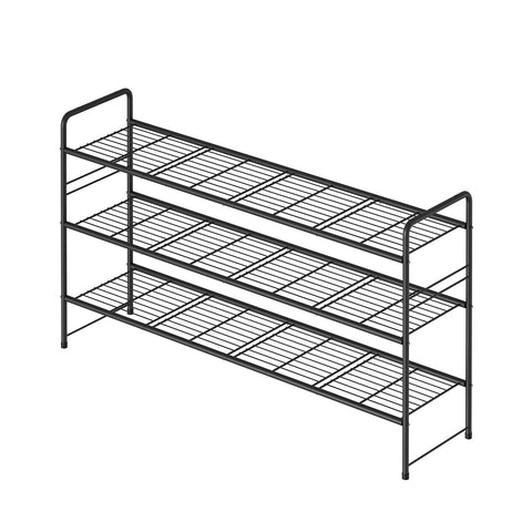MWQ shoe rack next to chair for scale showing 44-inch width and capacity benefit