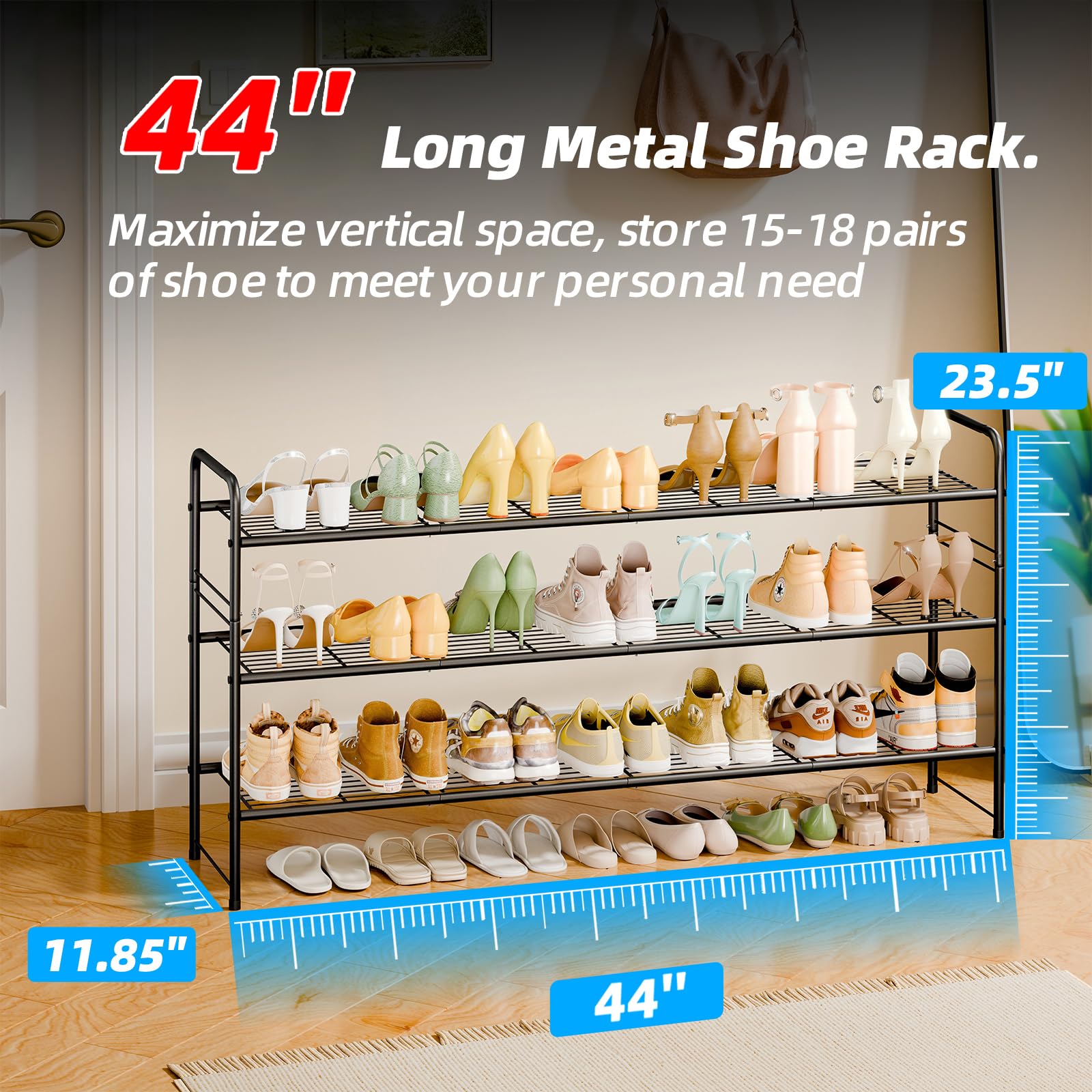 MWQ shoe rack inside closet demonstrating extra-long storage and organized benefit