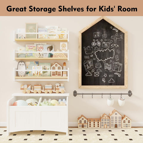 MXCSE shelf mounted in nursery lifestyle inspires reading and keeps floor clear