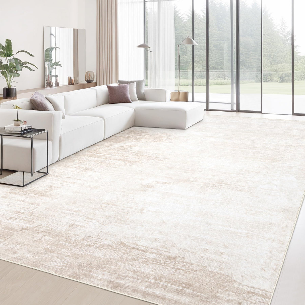 MXSANYOO front view of neutral 9x12 rug showing modern abstract design and balanced tones