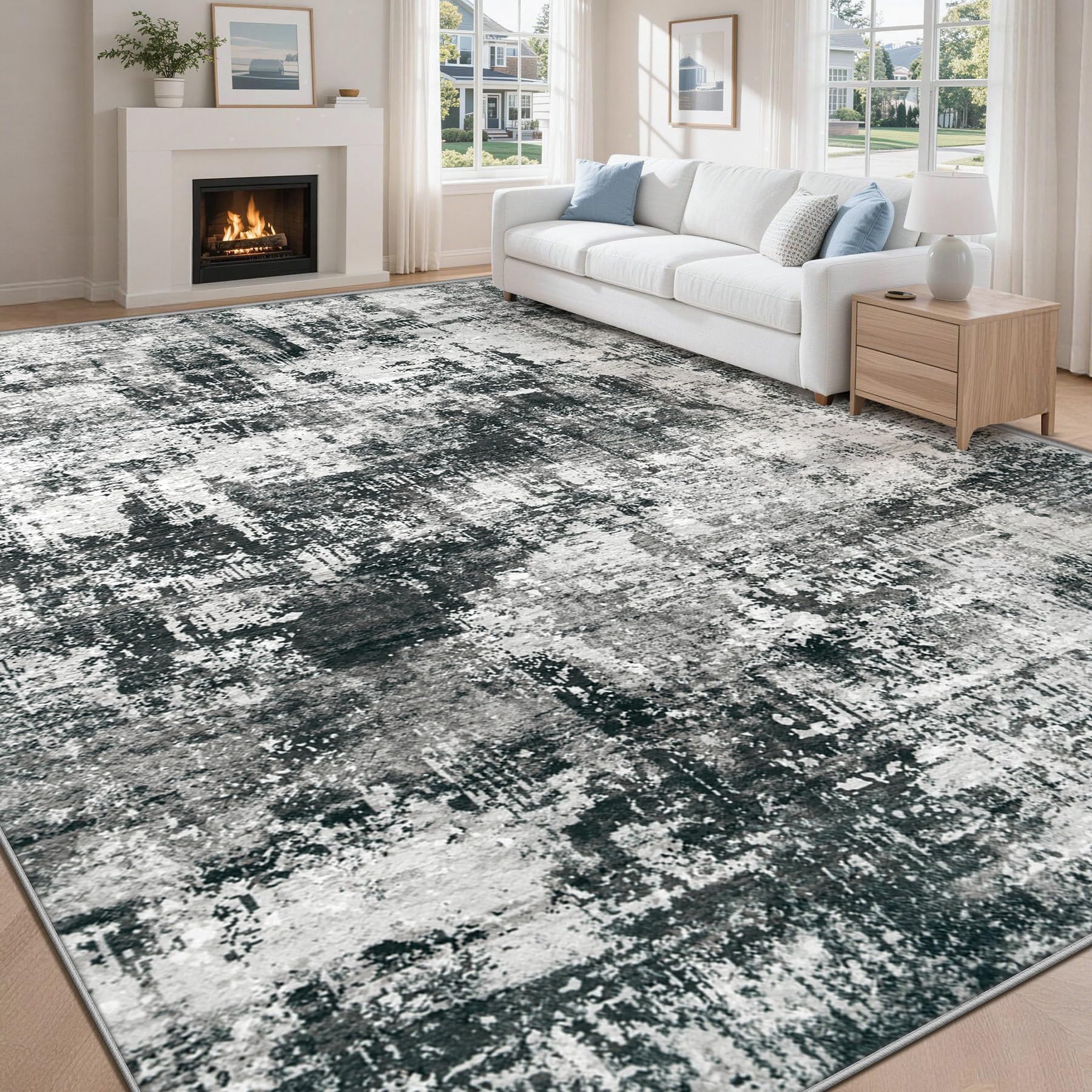 MXSANYOO front view of 8x10 abstract rug showing neutral design and large-room coverage