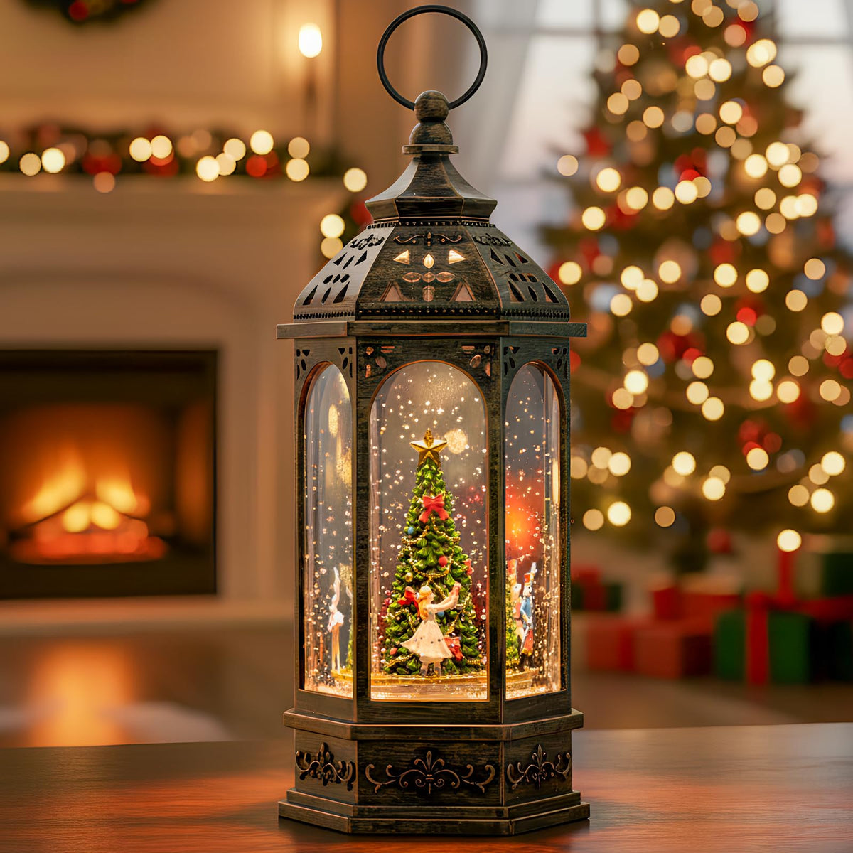 MXwcy front view of snow globe lantern showing Nutcracker scene and festive benefit