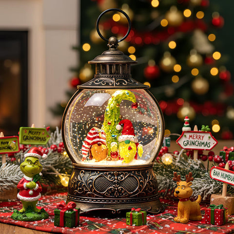 MXwcy front view globe lantern showing lit gnome scene and festive glow